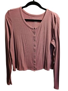 American Eagle Outfitters Ribbed Button-Front Top in Light Purple, XL